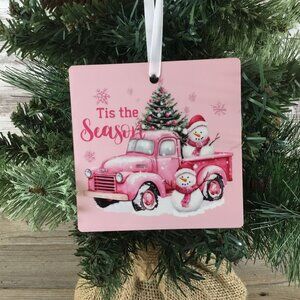Tis the Season Snowman Pink Truck 3.5" Square Wooden Ornament
